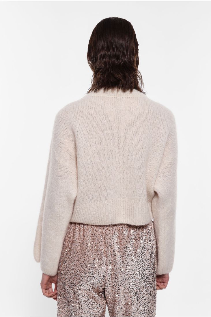 Long-sleeved sweater with jeweled crew neck