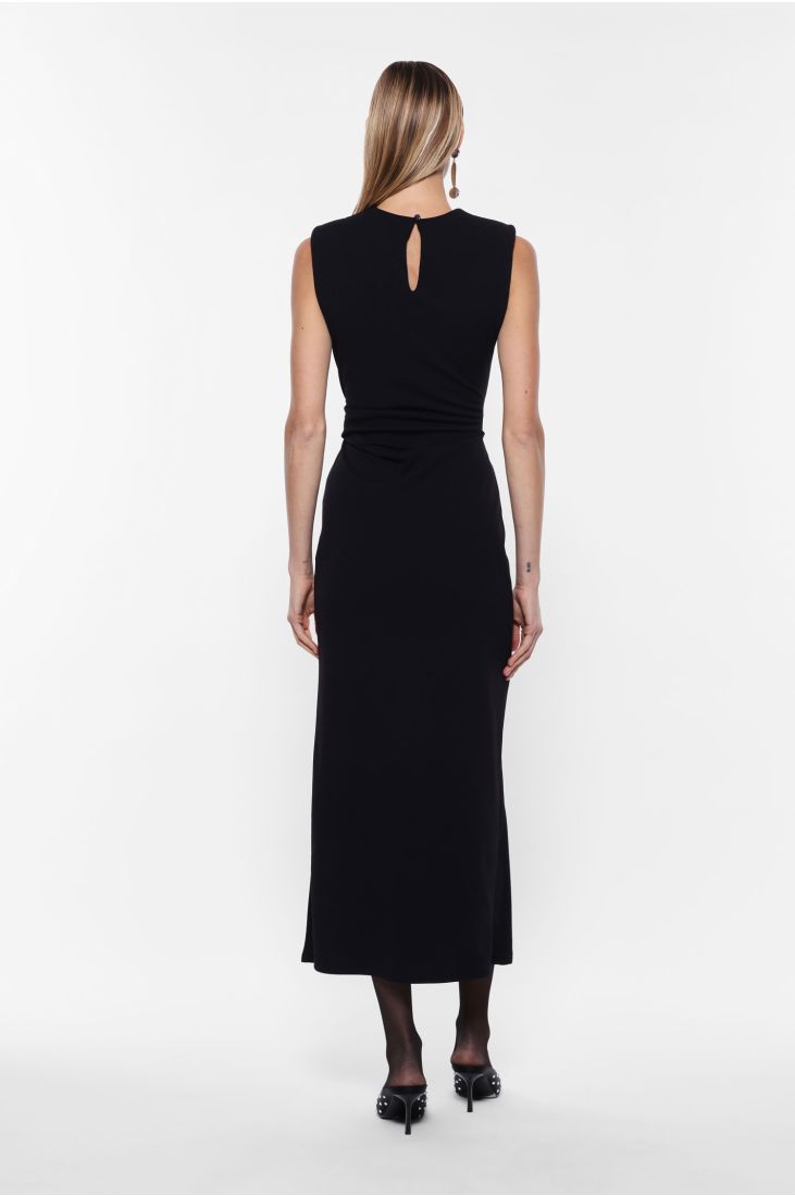 Long sleeveless dress with asymmetrical drape