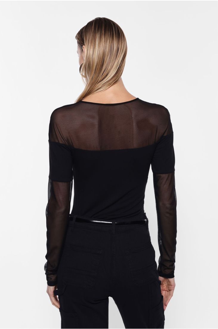 Long sleeve top with sheer detail and bardot neckline