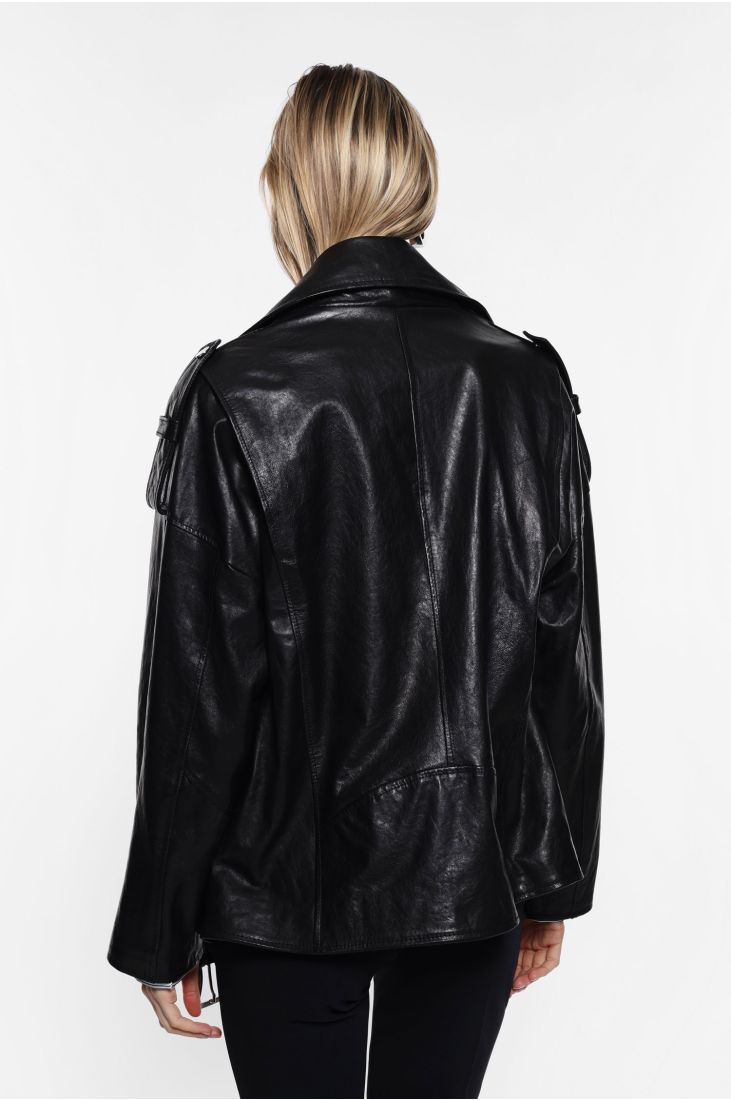 Leather jacket with asymmetric zipper