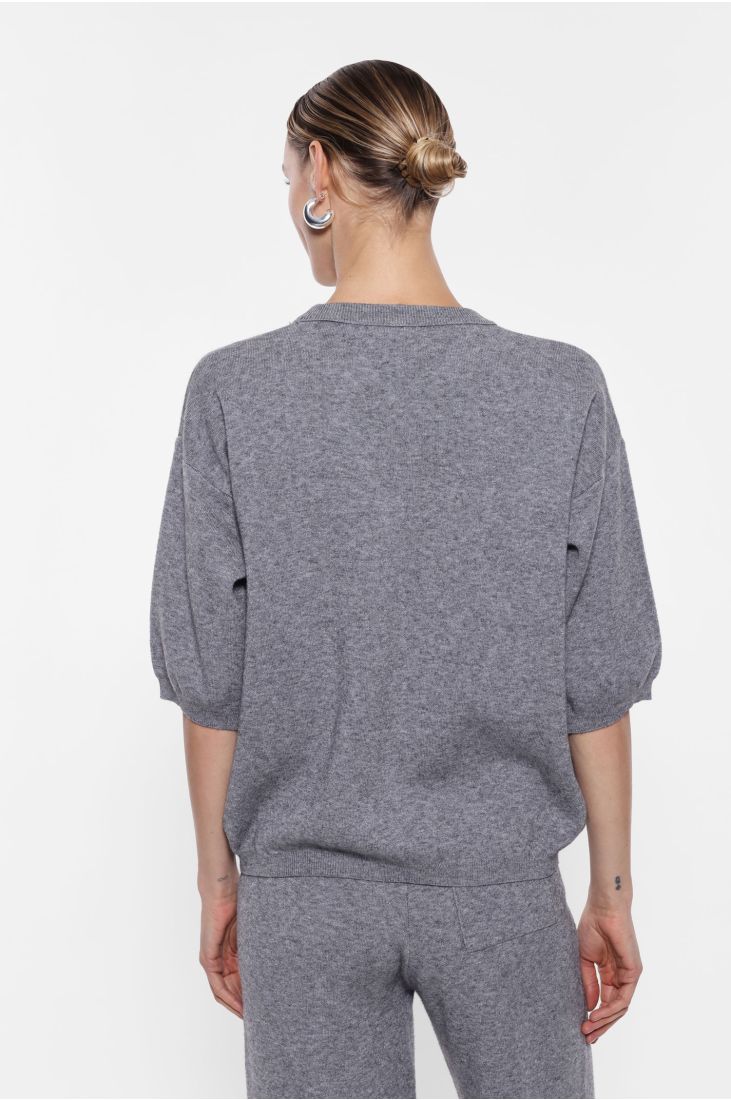 Sweater with puffed half sleeves and decorated crew neck