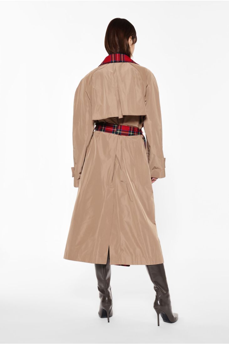 Double-breasted tartan-print trench coat