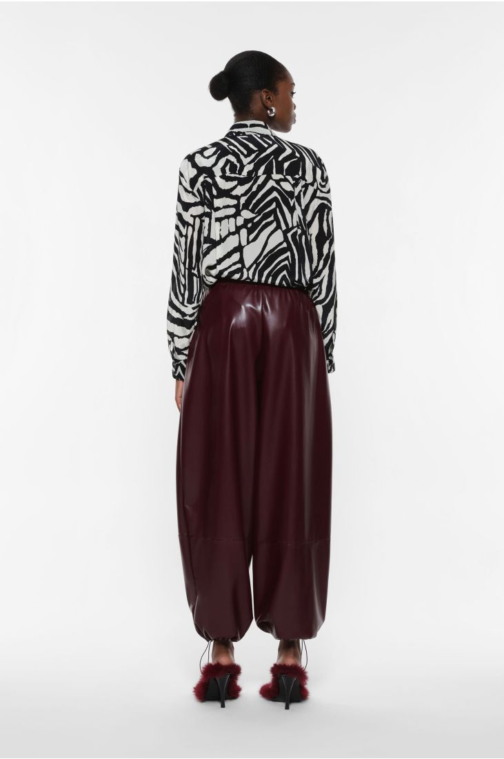 Faux leather wide pants with elastic hem