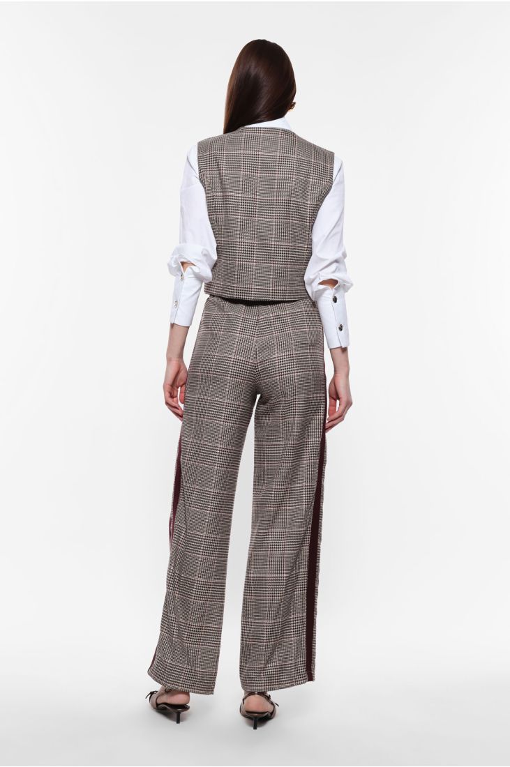 Wide leg checked trousers with contrasting stripes