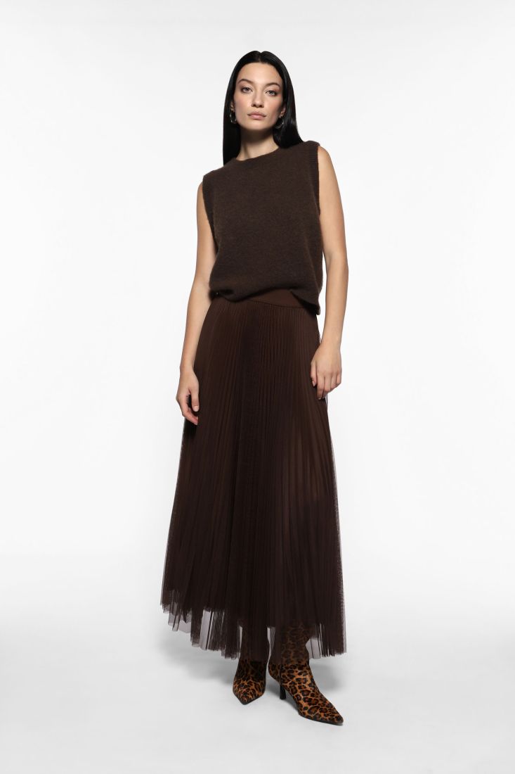 Pleated skirt with sheer overlay